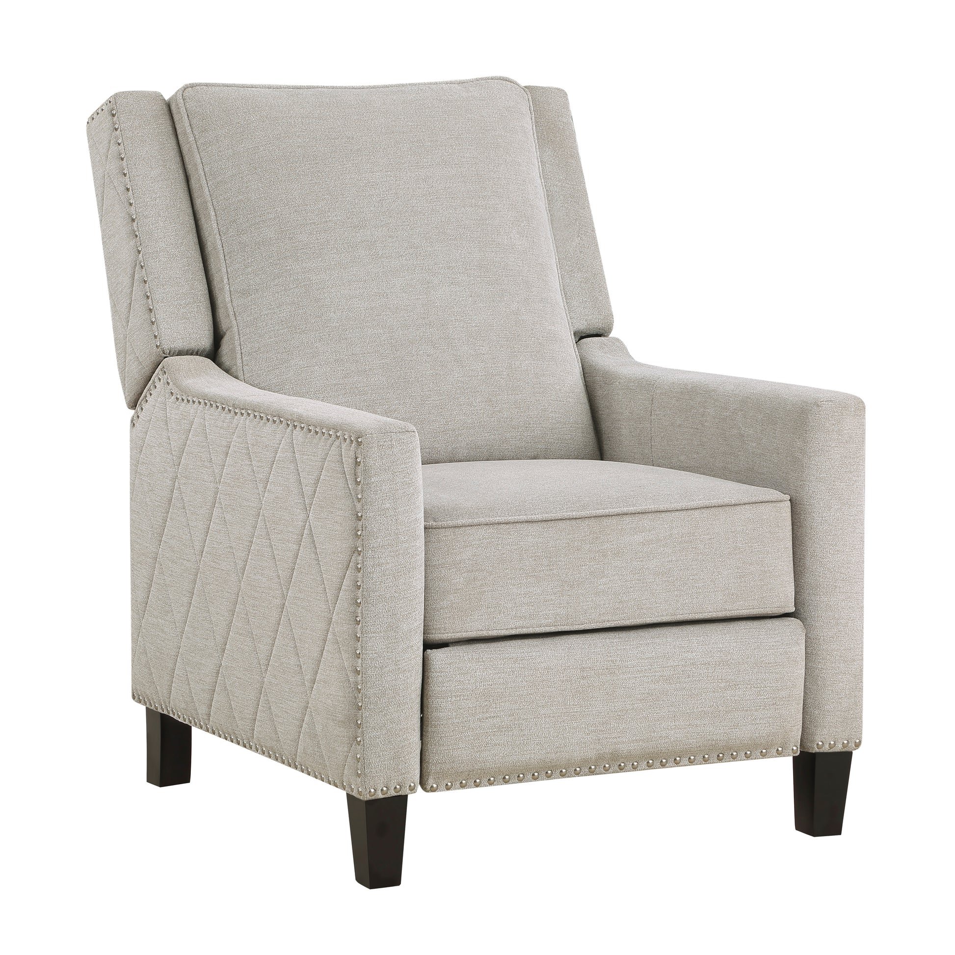 Light gray fabric recliner with diamond tufted arms and nailhead trim