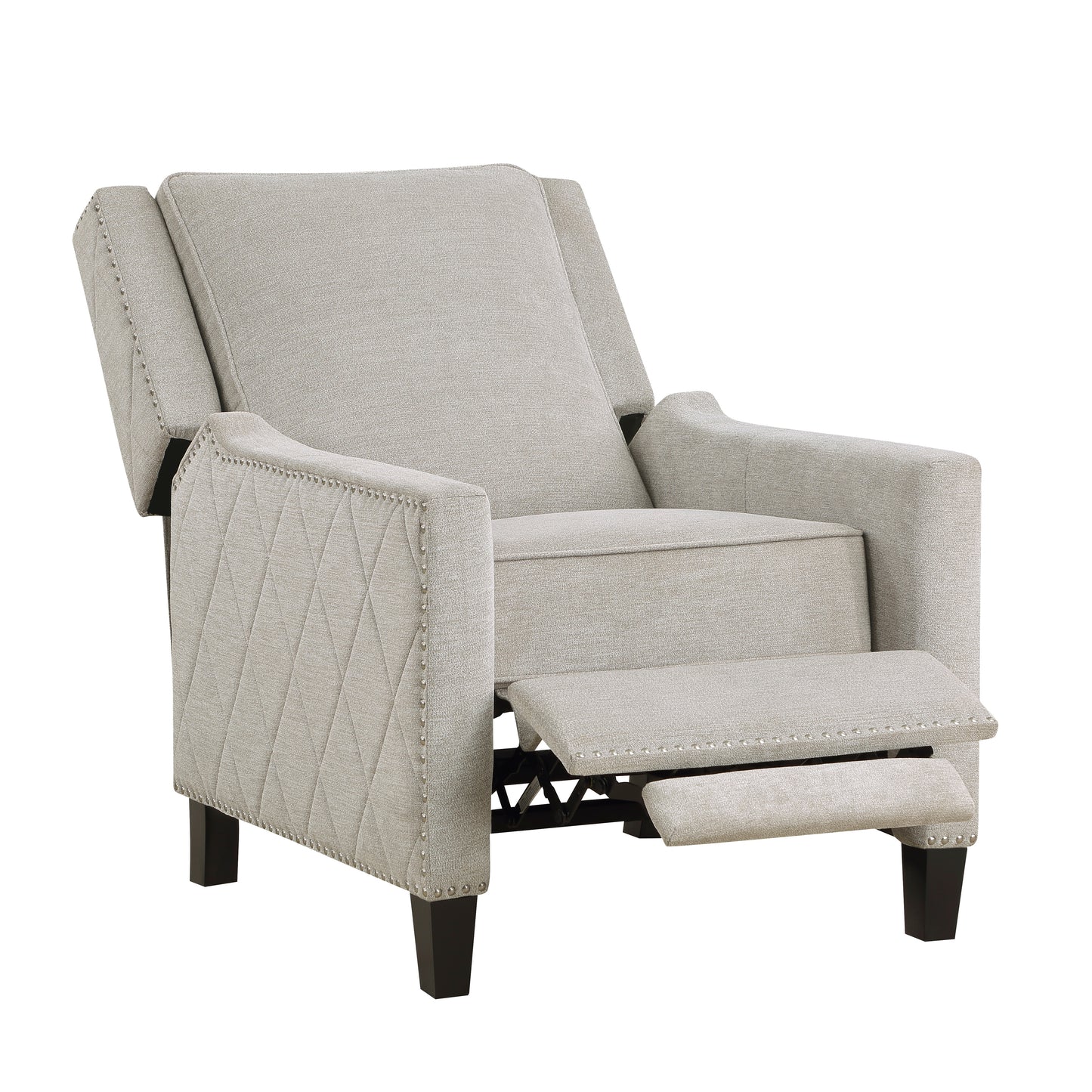 Light gray fabric recliner chair with diamond tufting and nailhead trim on arms