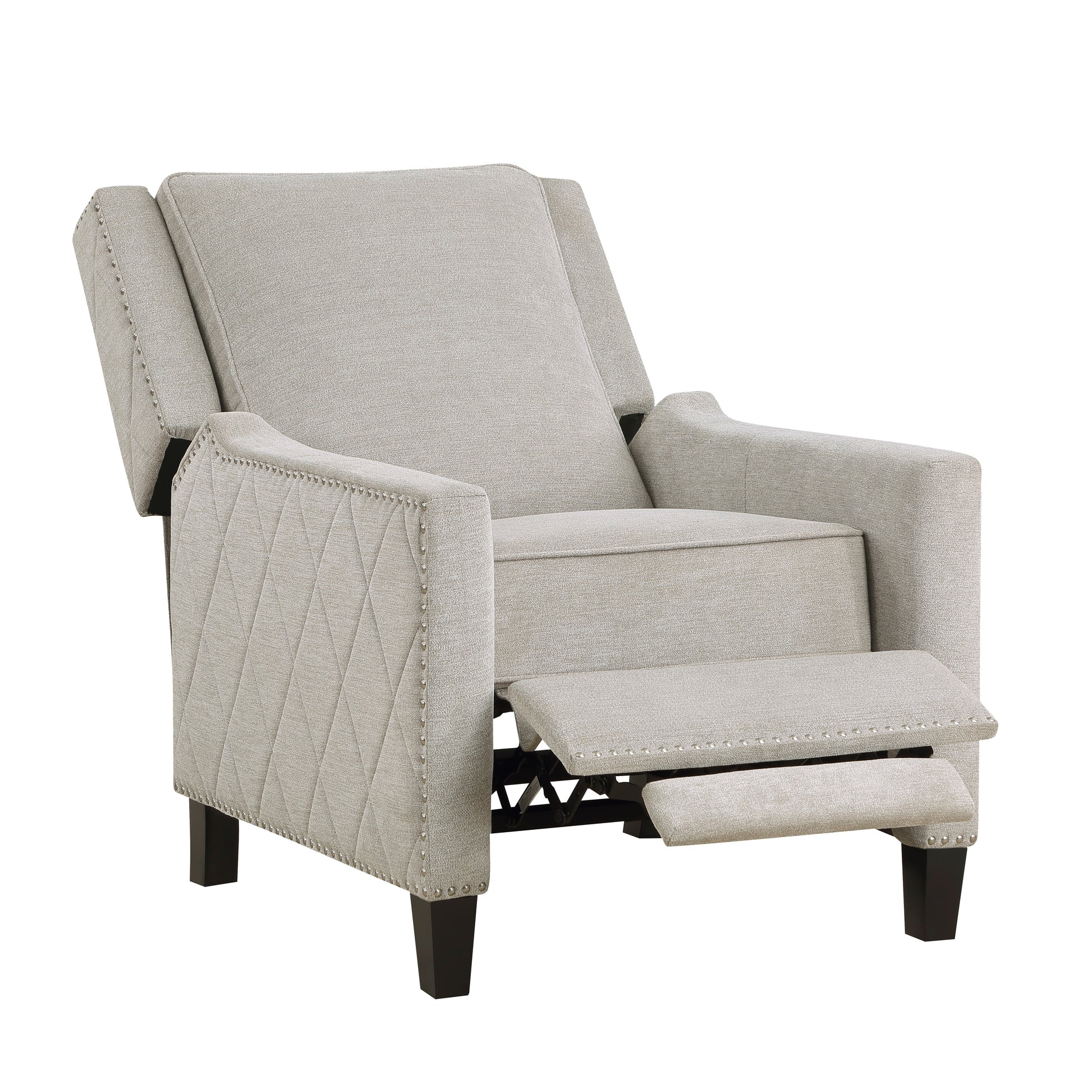 Light gray fabric recliner chair with diamond tufting and nailhead trim on arms