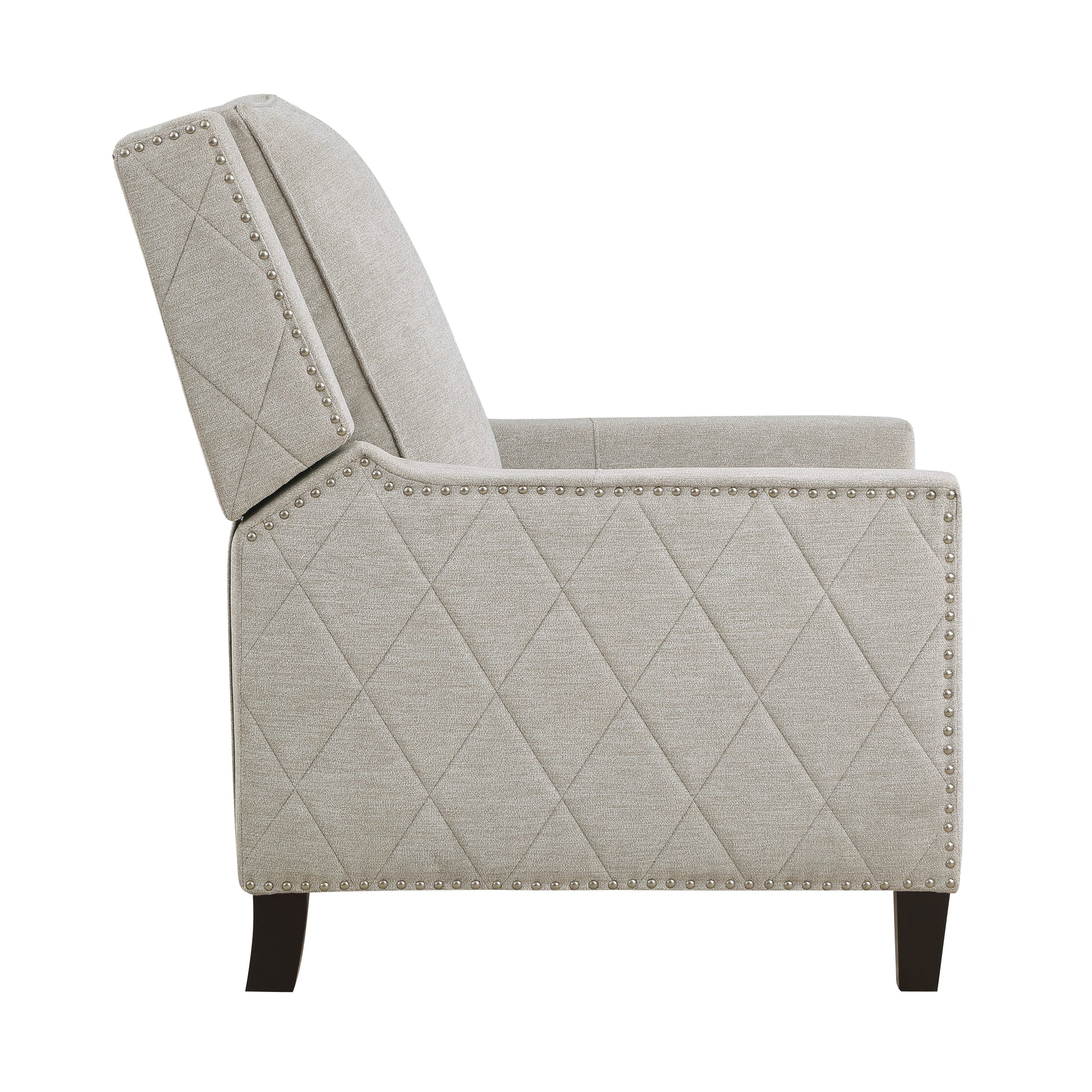 Light beige upholstered recliner chair with diamond tufting and nailhead trim
