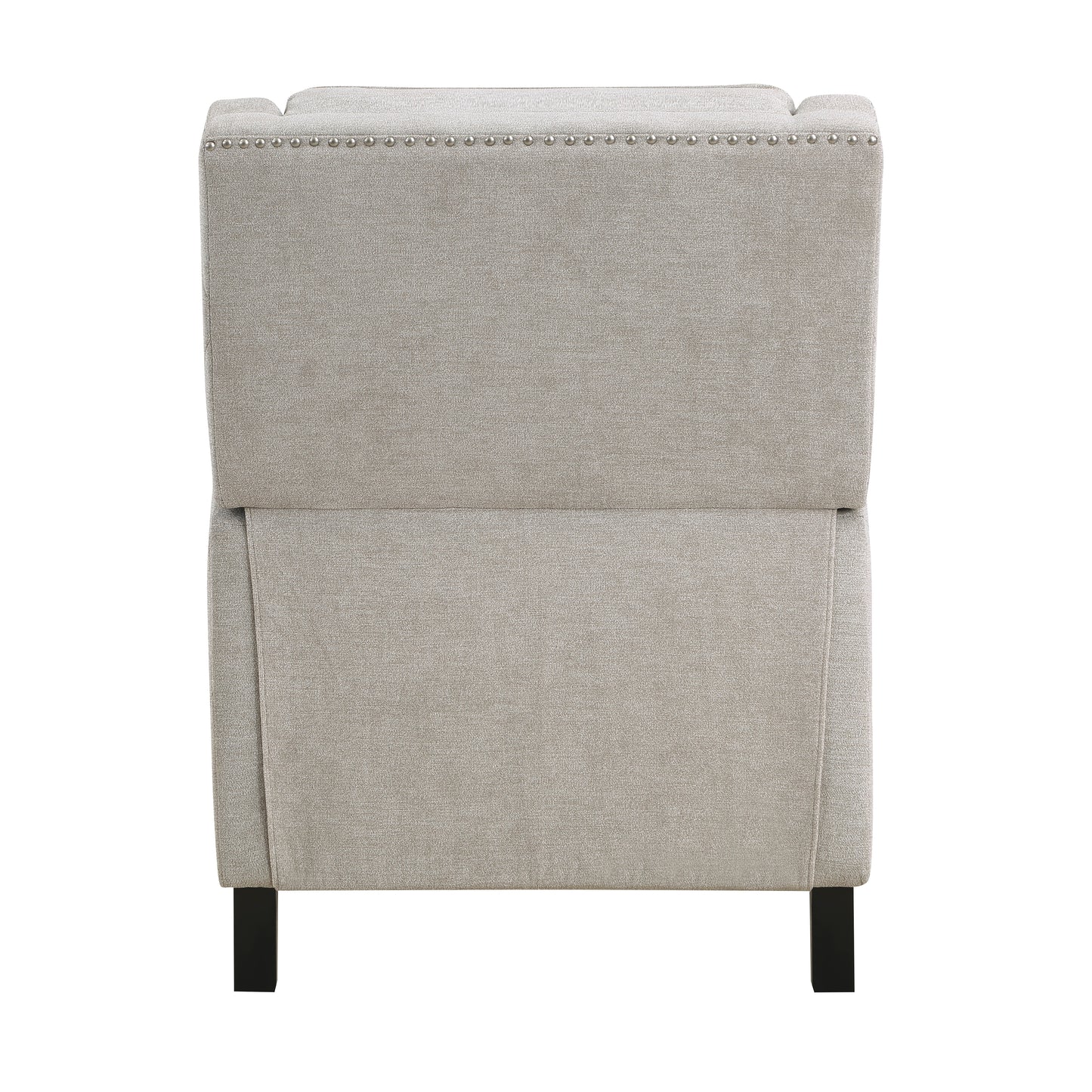Beige upholstered armchair with silver nailhead trim and dark wooden legs