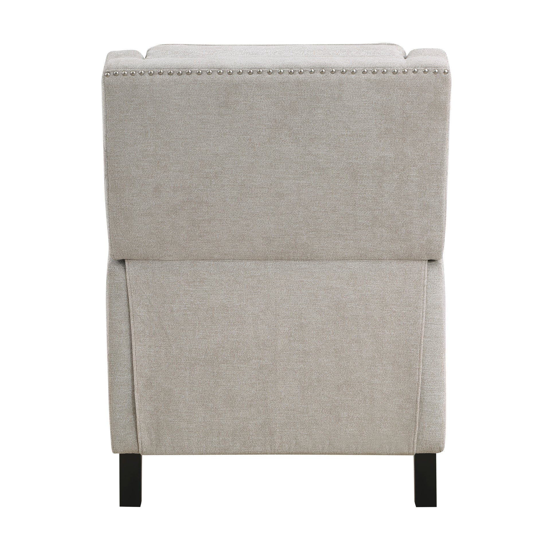 Beige upholstered armchair with silver nailhead trim and dark wooden legs