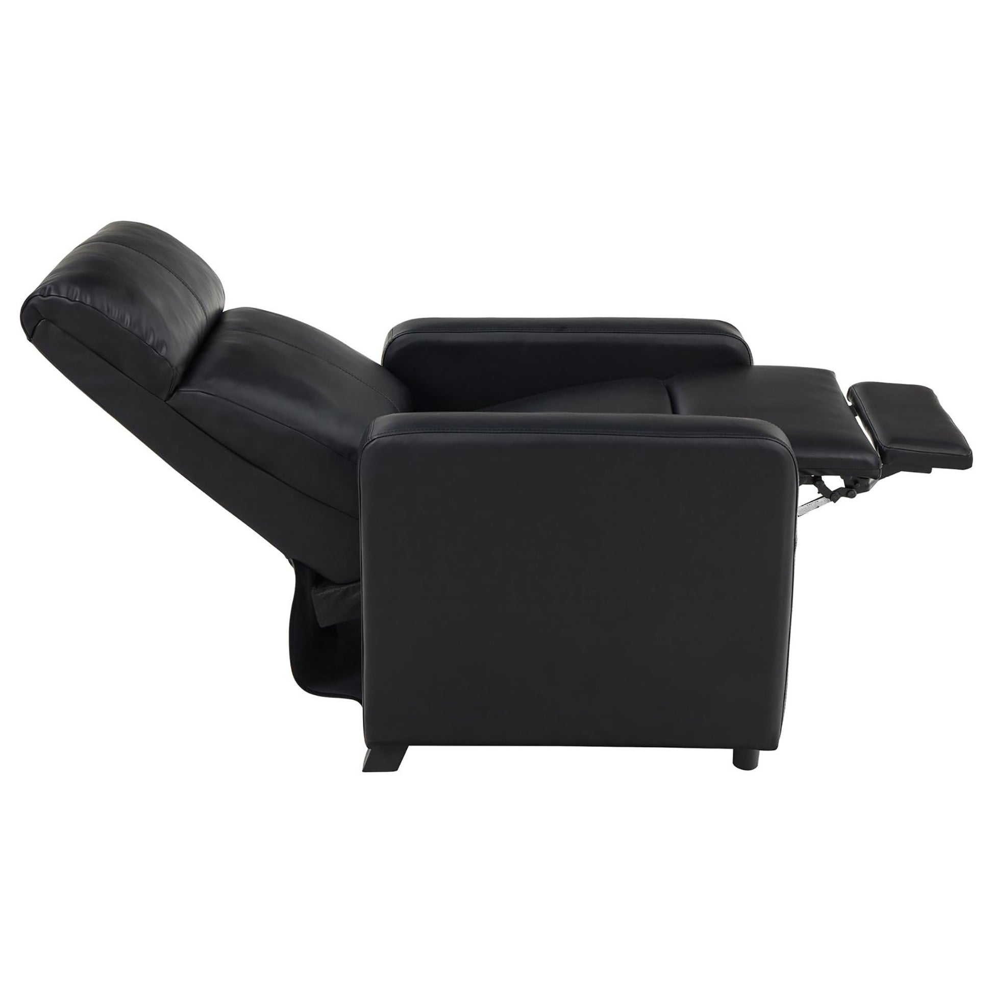 Black faux leather recliner chair with padded headrest and armrests extended footrest