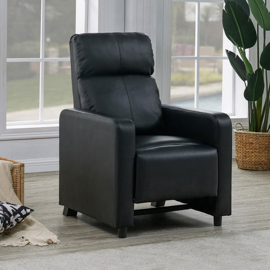 Black leather recliner chair with plush cushioning and padded headrest