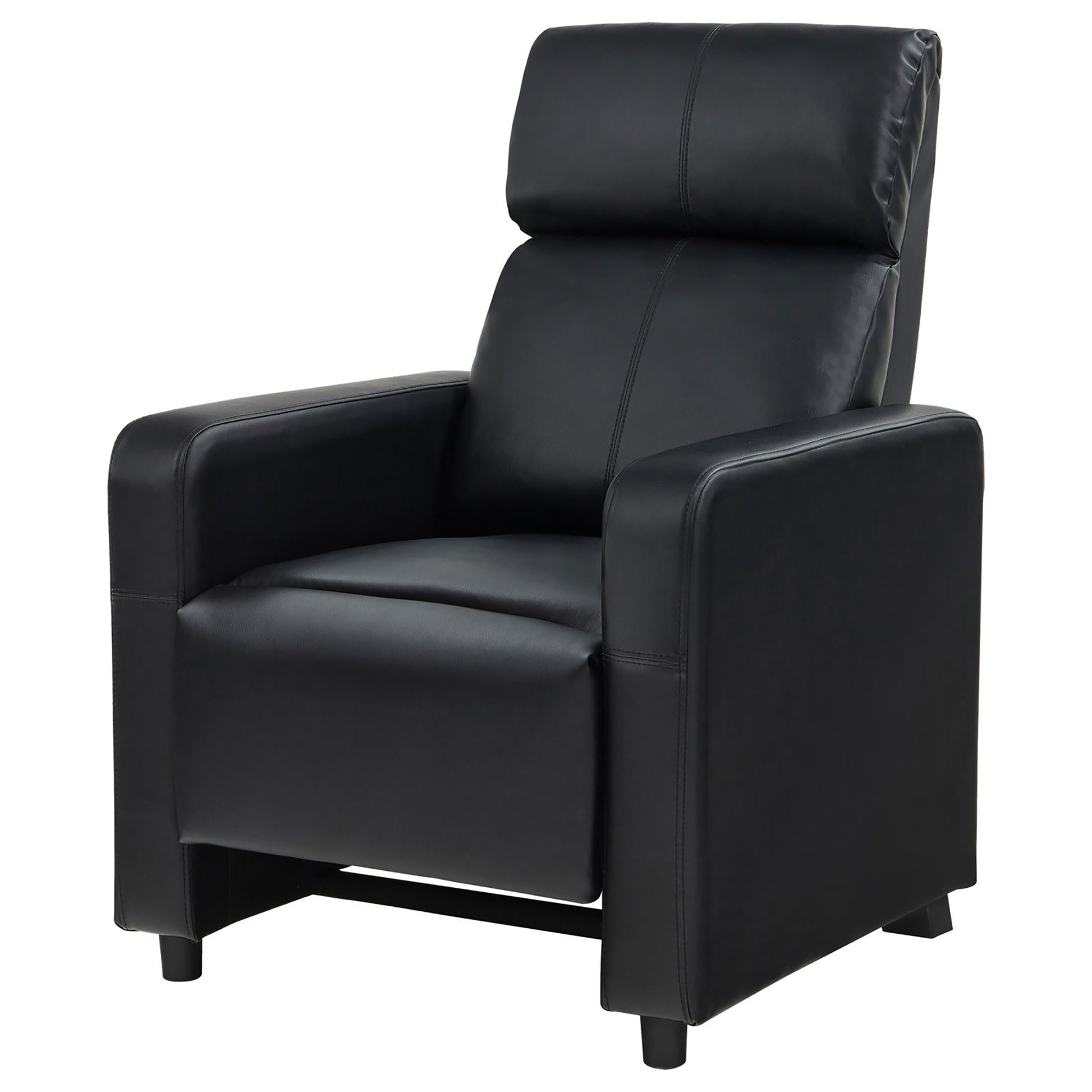 Sleek black faux leather recliner chair with plush headrest and padded armrests for ultimate comfort