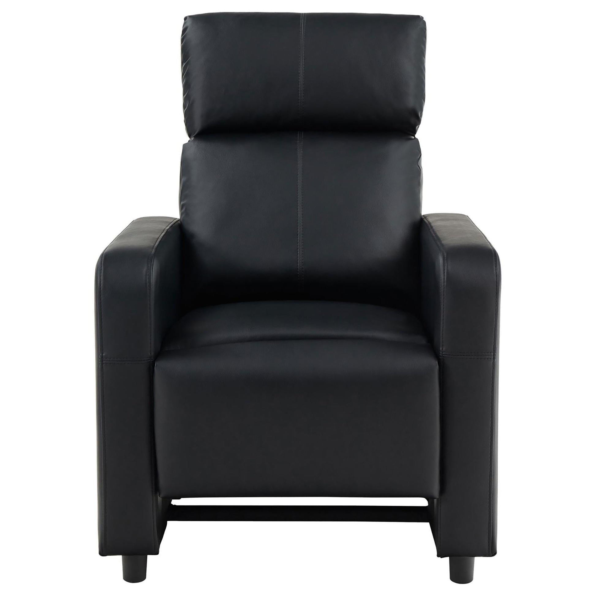 Black faux leather recliner with padded headrest and armrests for ultimate comfort