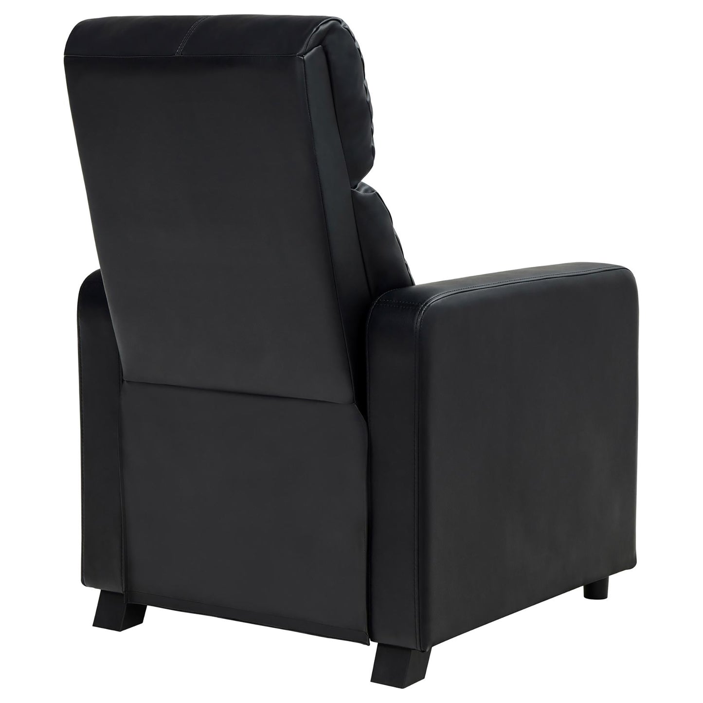 Back view of a plush black faux leather recliner chair with padded headrest and armrests