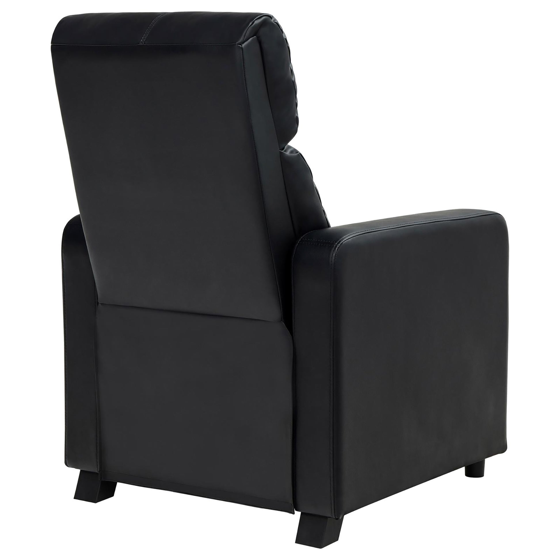 Back view of a plush black faux leather recliner chair with padded headrest and armrests