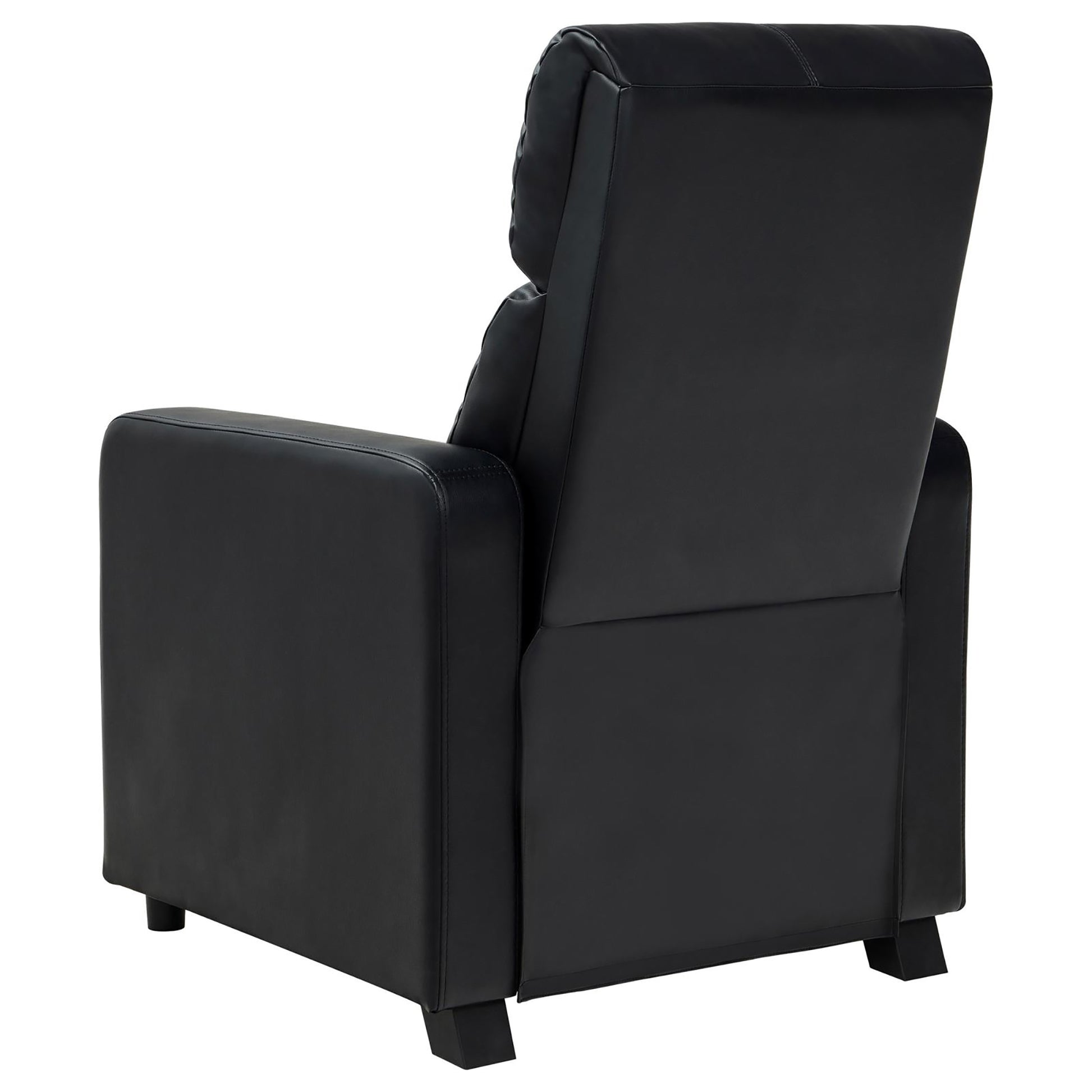 Back view of a black leather recliner chair with plush cushioning