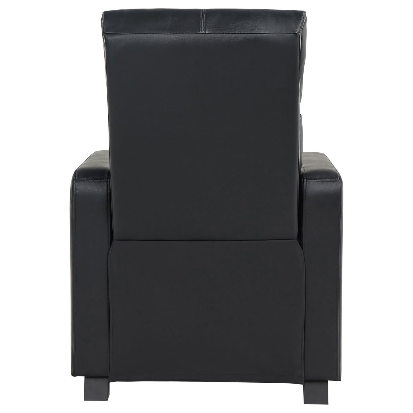 Black leather recliner chair viewed from the back featuring a tall tufted backrest and padded arms