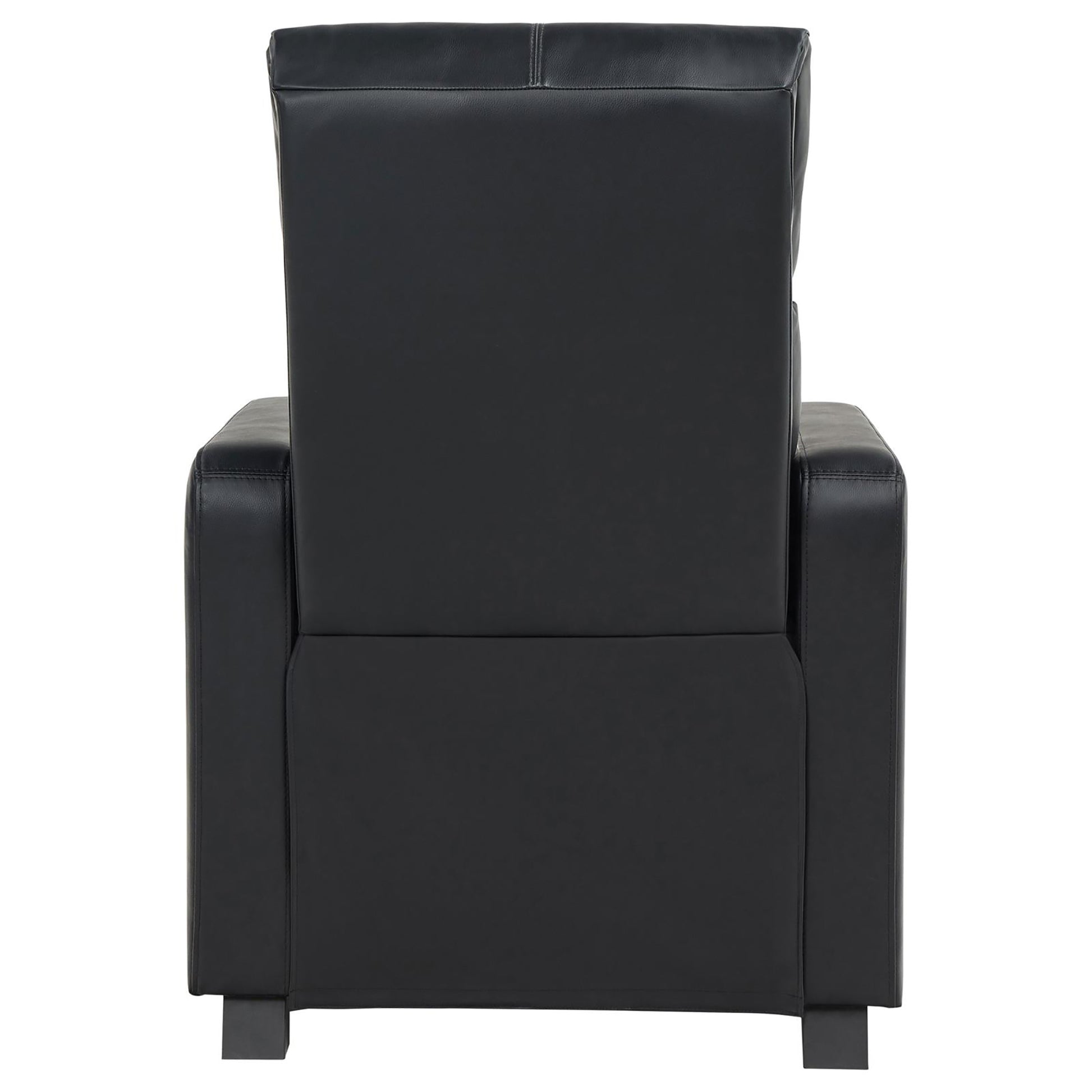 Black leather recliner chair viewed from the back featuring a tall tufted backrest and padded arms