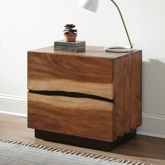 Solid wood nightstand with unique grain two drawers dark wood base