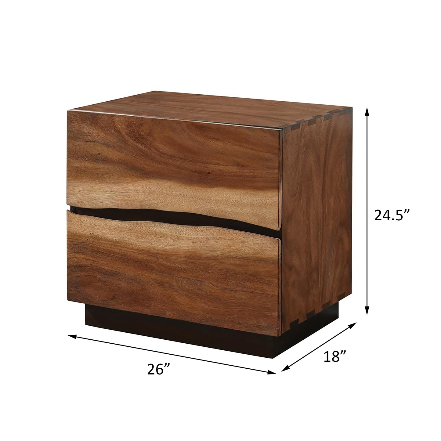 Rich wood grain twodrawer nightstand with dark metal base