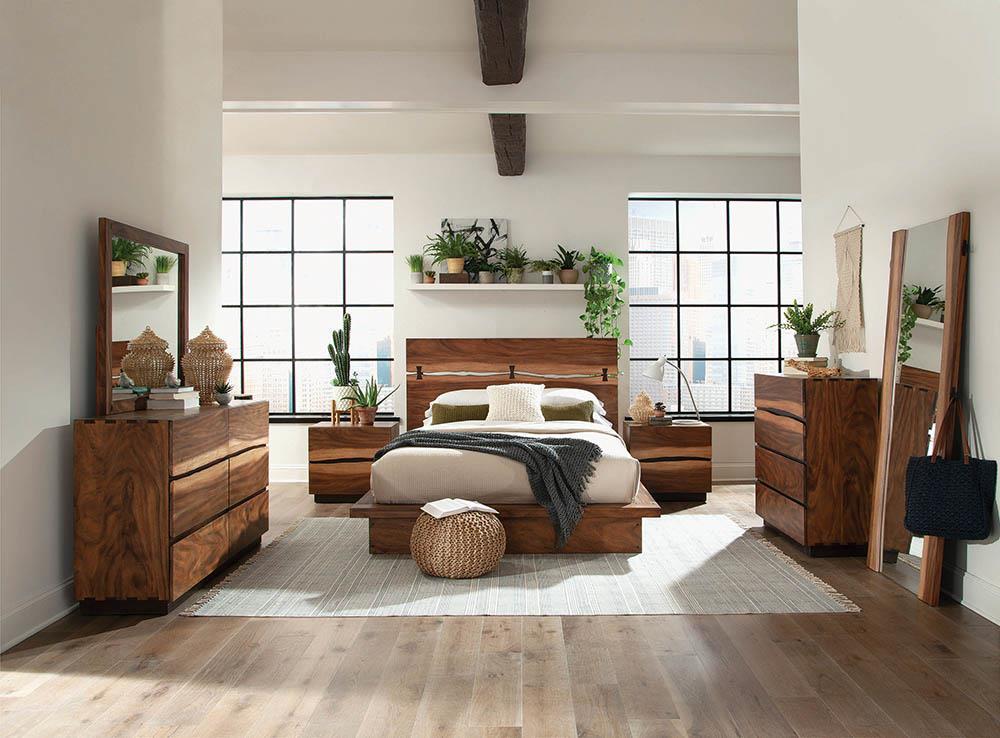 Modern wooden dresser with six drawers featuring natural wood grain and sleek design