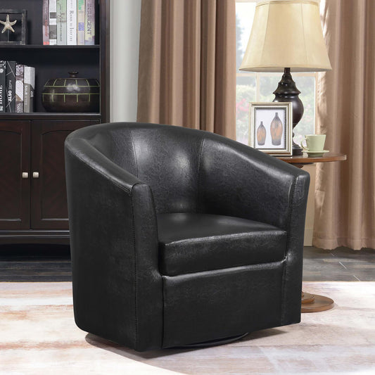 Black leather swivel armchair with a contemporary curved design and plush seat
