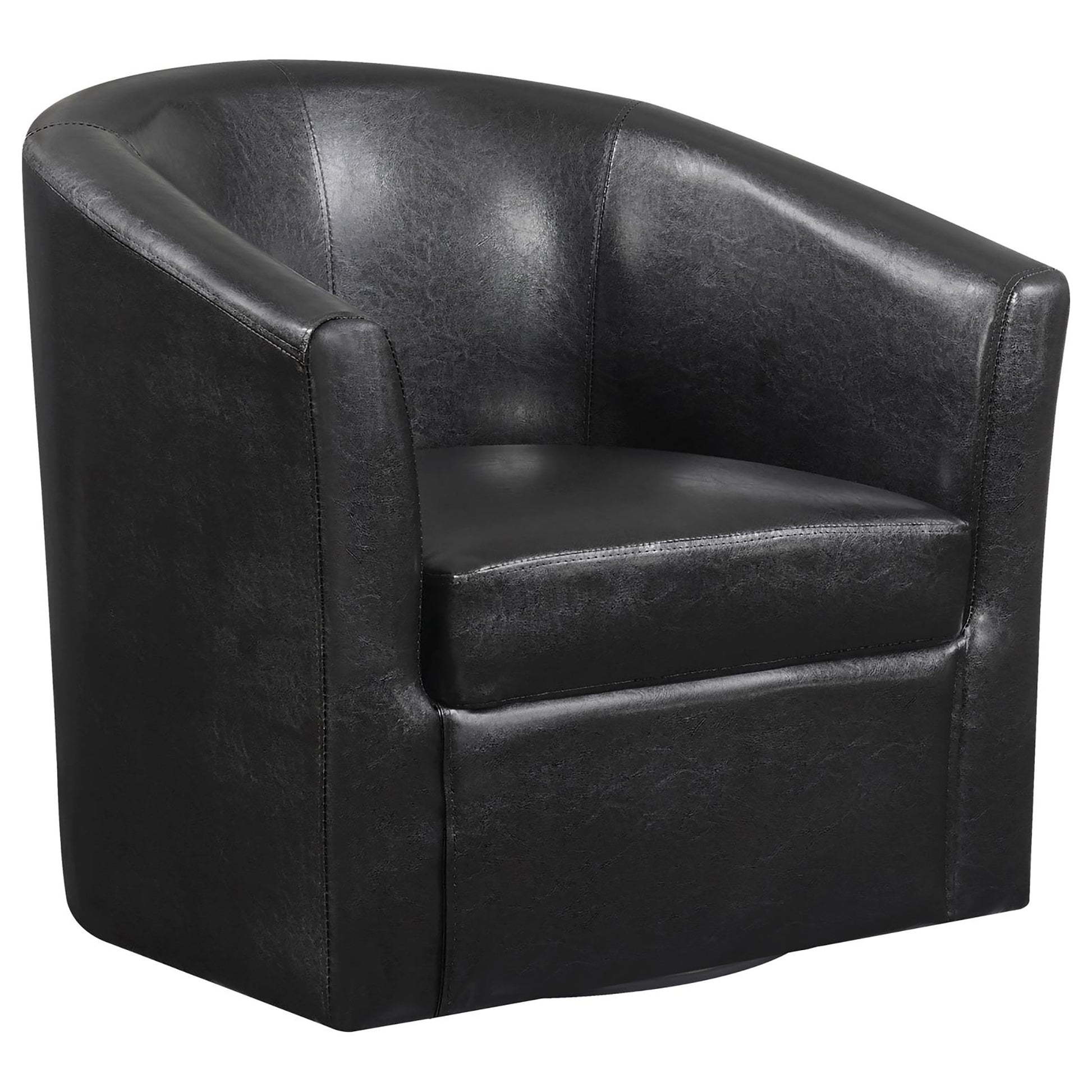Black faux leather barrel chair with curved arms and padded seat for comfort
