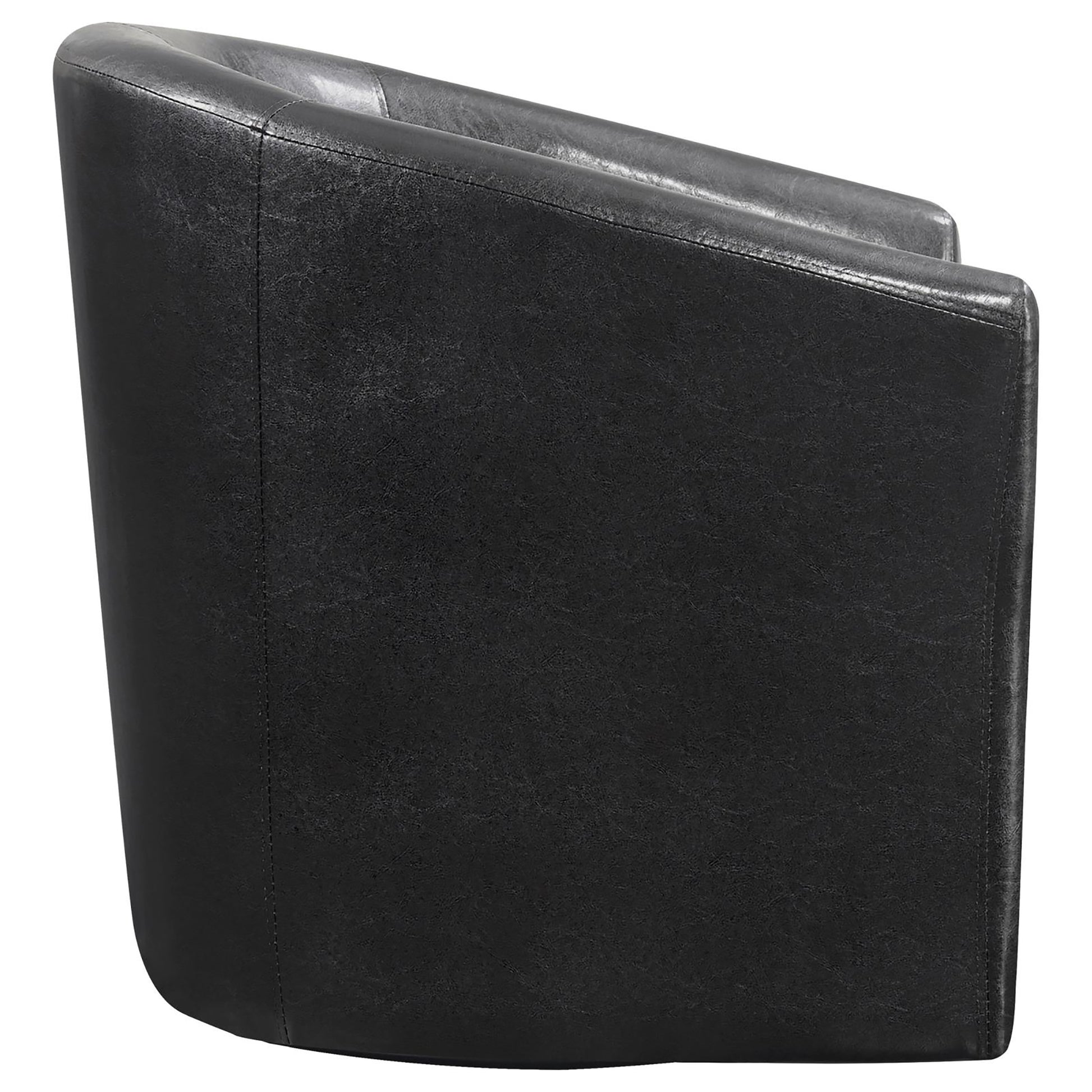 Black faux leather barrel chair with subtle distressing and clean stitching details