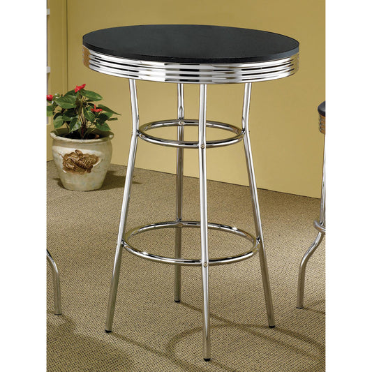 Retro diner style bar table with black laminate top and chrome accents