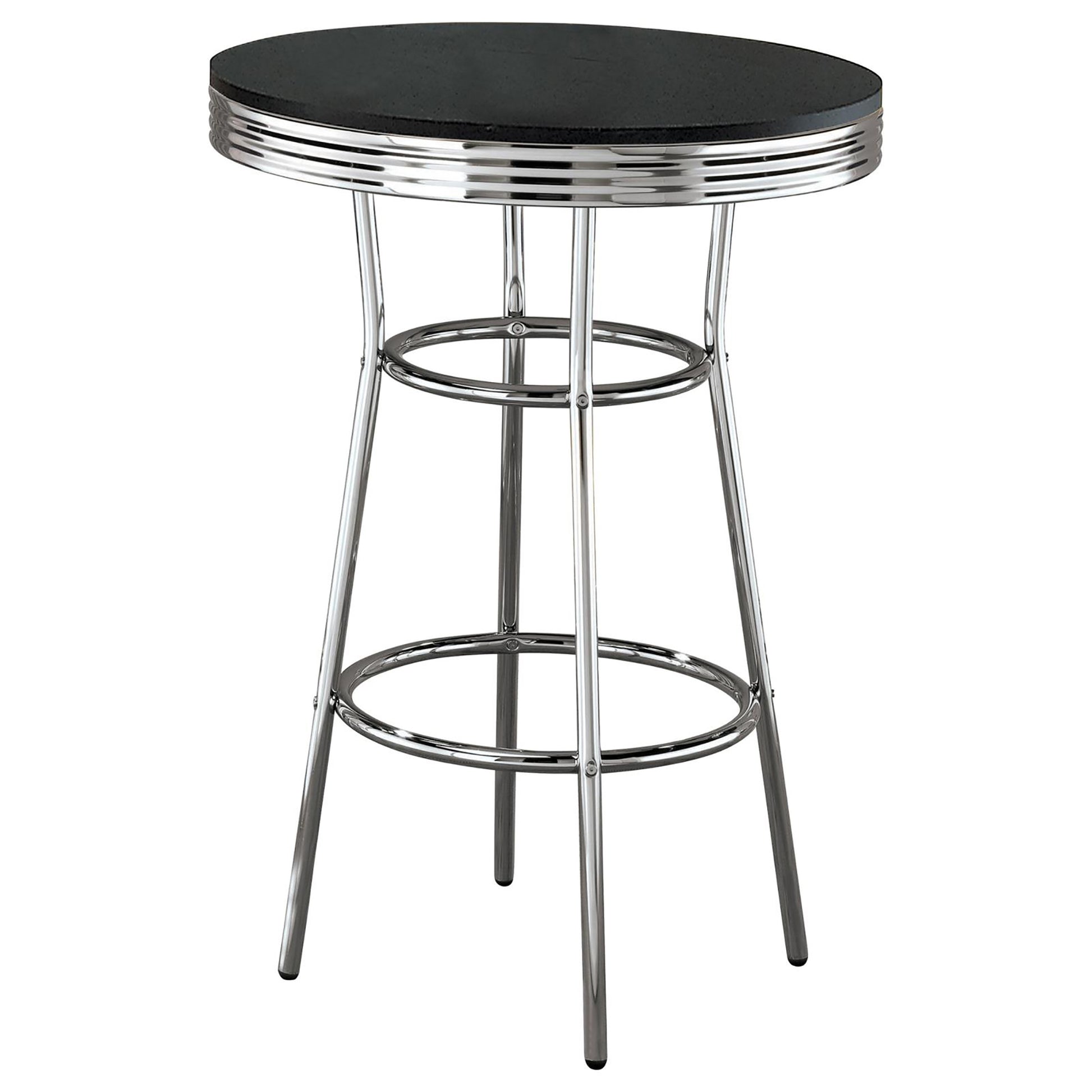 Retro black diner bar stool with chrome accents and ribbed edge detailing