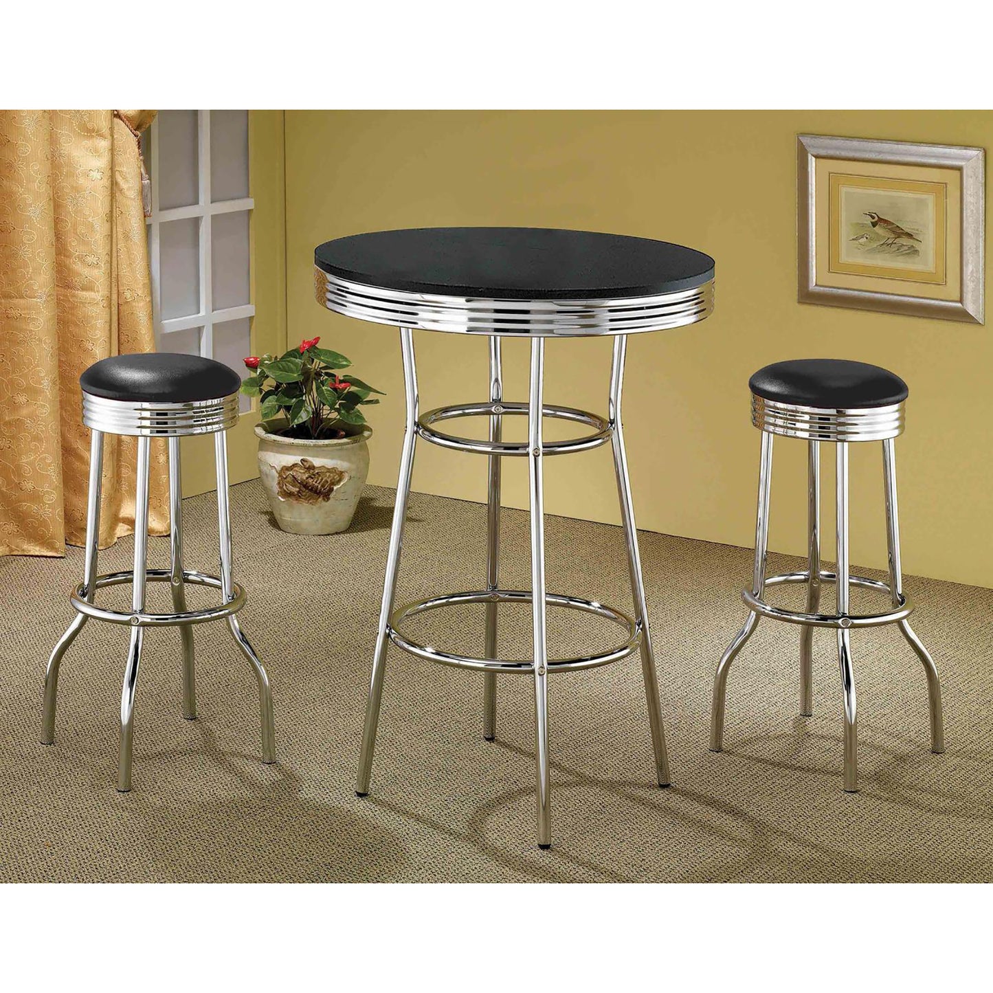Retro diner table with black top and chrome accents perfect for a breakfast nook