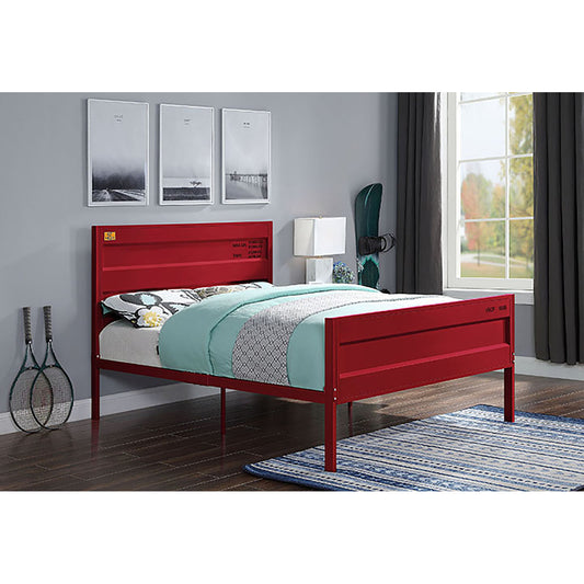 Red metal twin bed frame with industrial design elements perfect for a modern bedroom