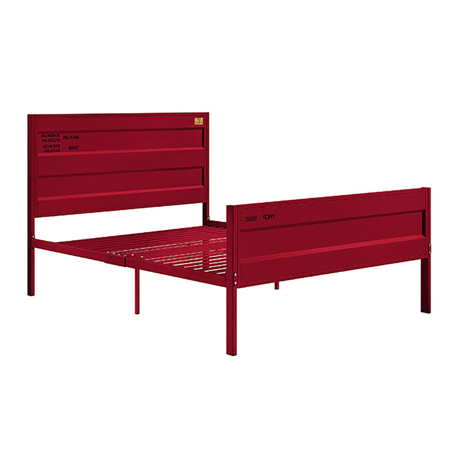 Crimson red metal twin bed frame with industrial design and slatted base