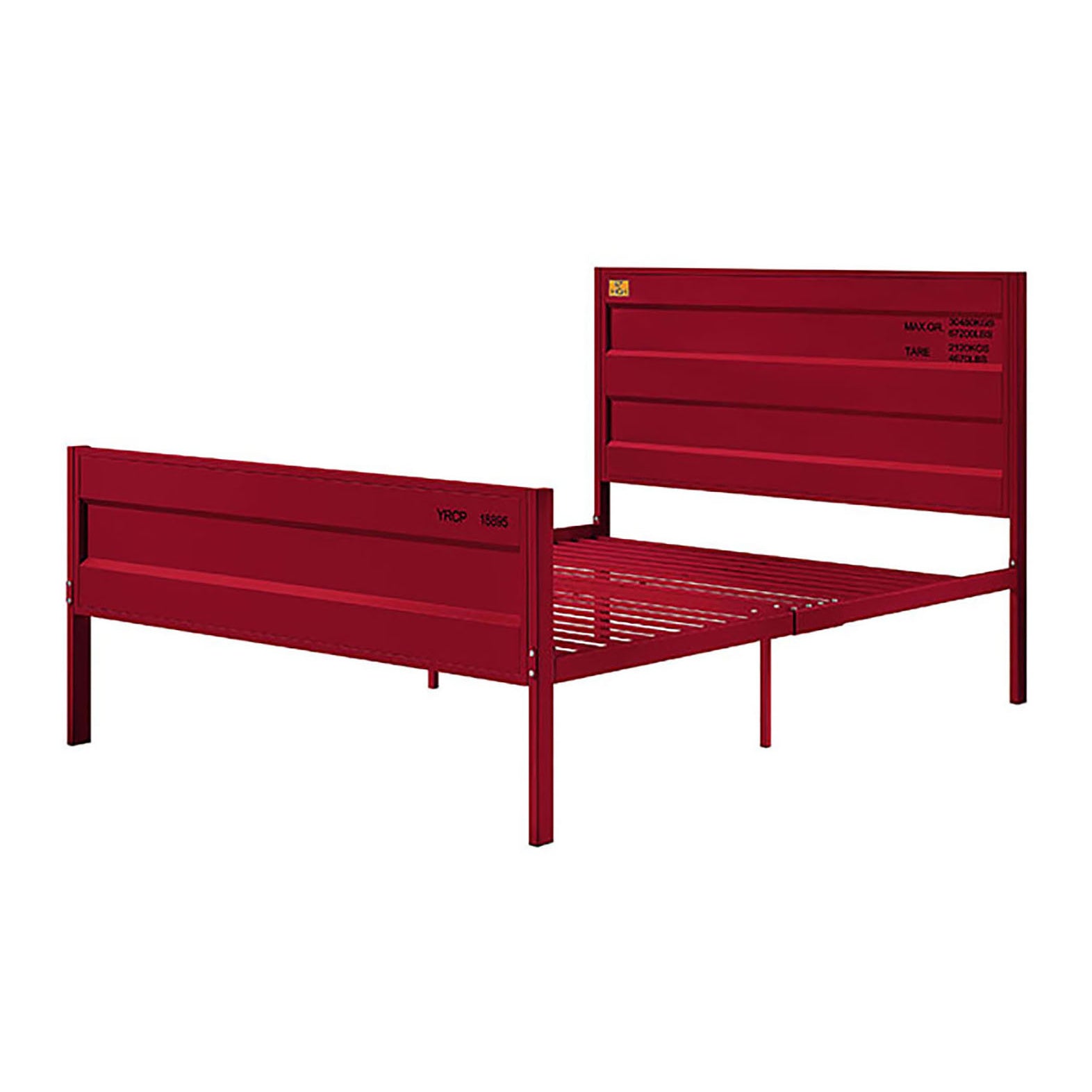 Red metal industrialstyle bed frame with embossed text and slatted base
