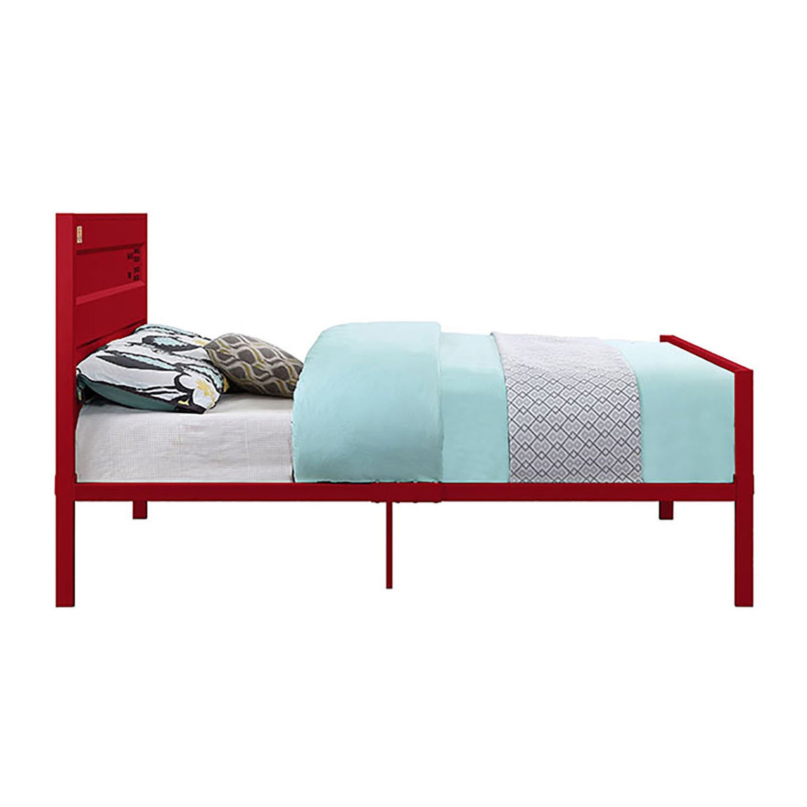 Red metal bed frame with contemporary design and decorative pillows