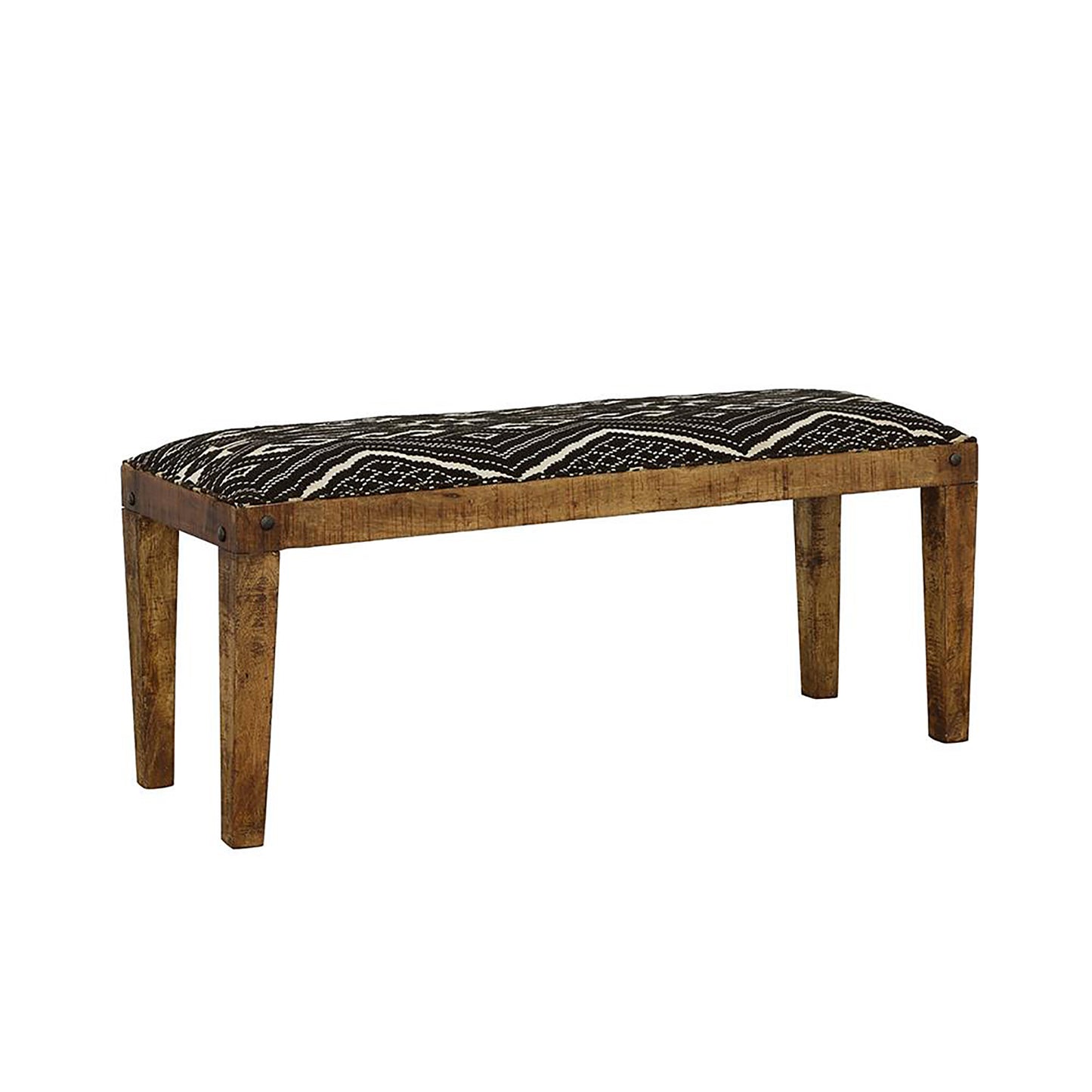 Bohemian bench with tribal pattern fabric seat and distressed wood frame