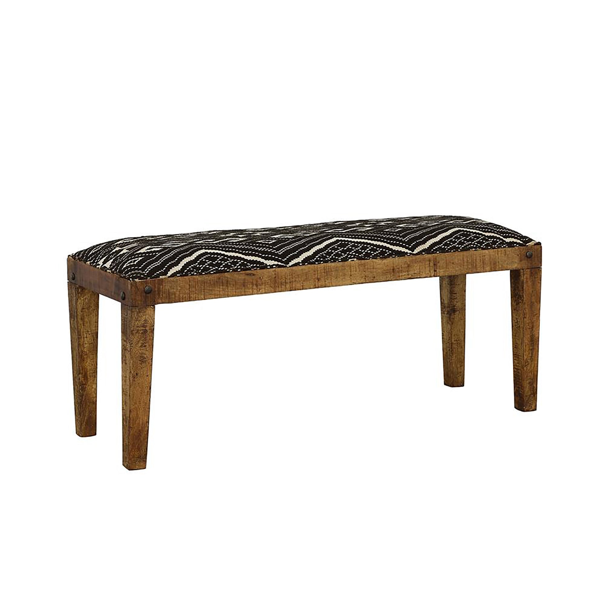 Bohemian bench with tribal pattern fabric seat and distressed wood frame