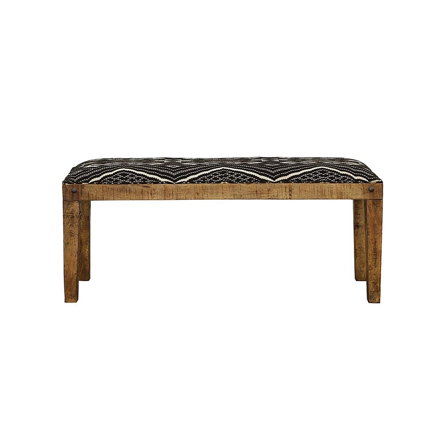 Rustic wooden bench with black and white geometric patterned upholstery