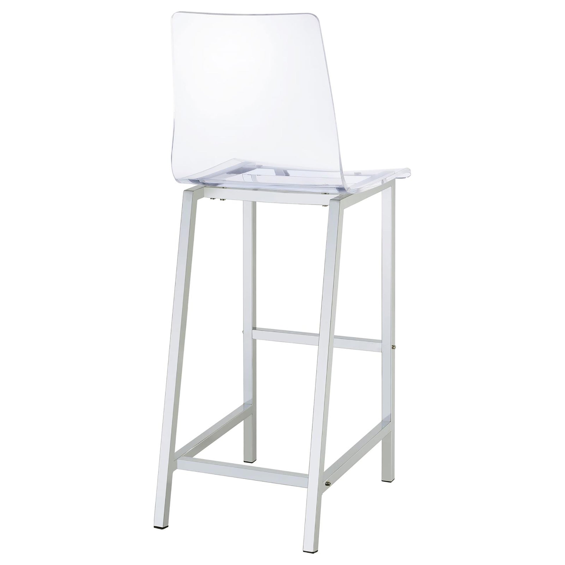 Clear acrylic bar stool with a brushed silver metal frame for modern kitchens