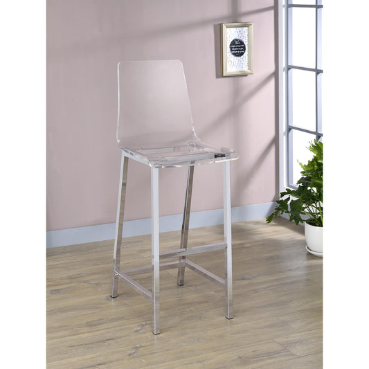 Transparent acrylic bar stool with polished chrome legs for modern kitchens