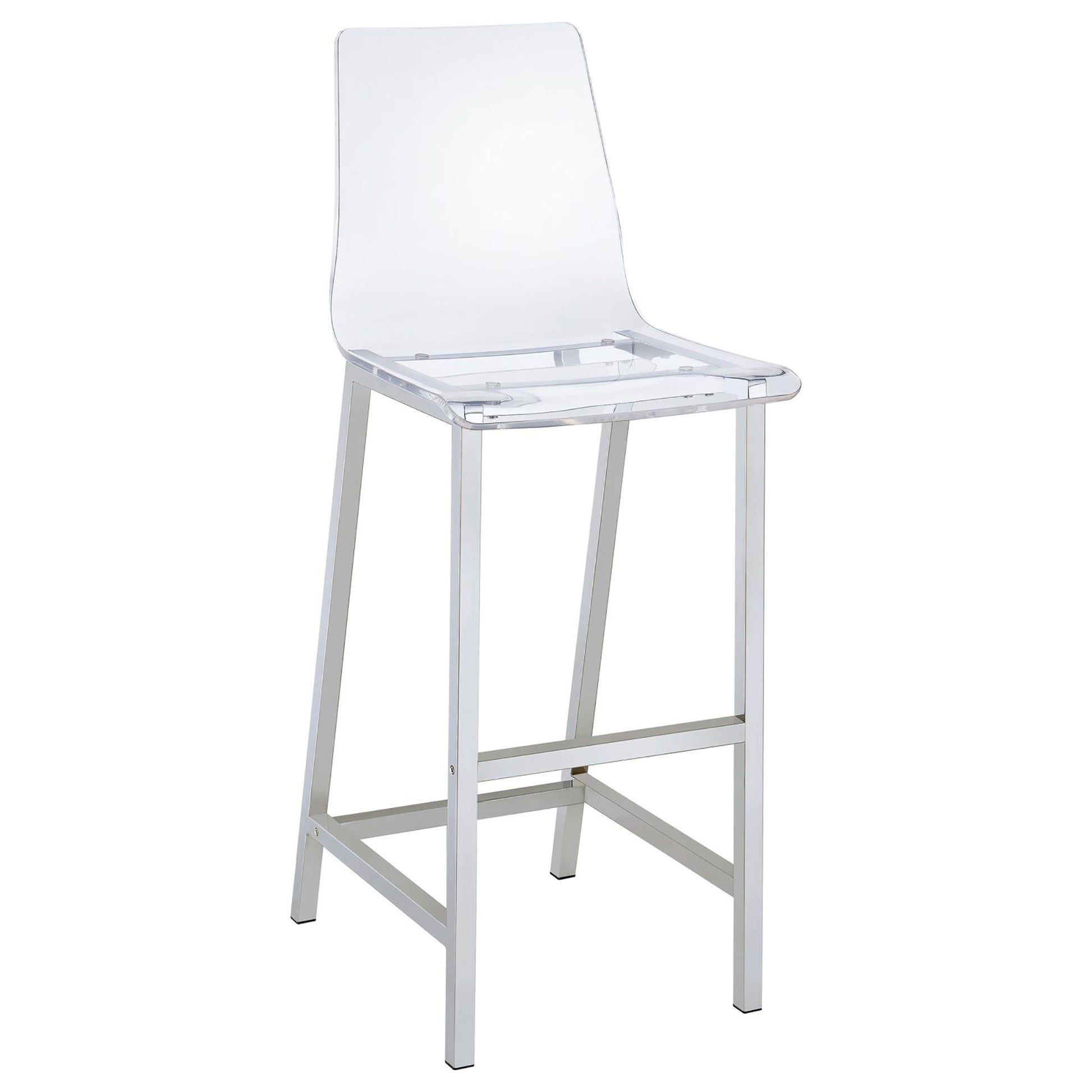 Clear acrylic bar stool with a polished silver metal frame perfect for modern kitchens