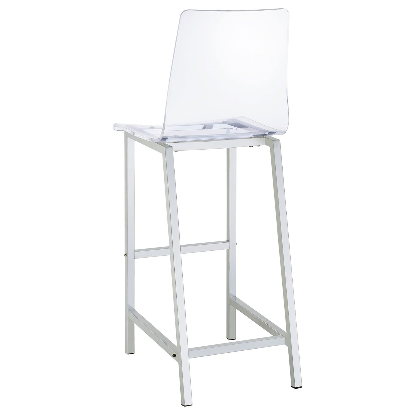 Clear acrylic modern bar stool with silver metal frame and footrest for kitchen island use