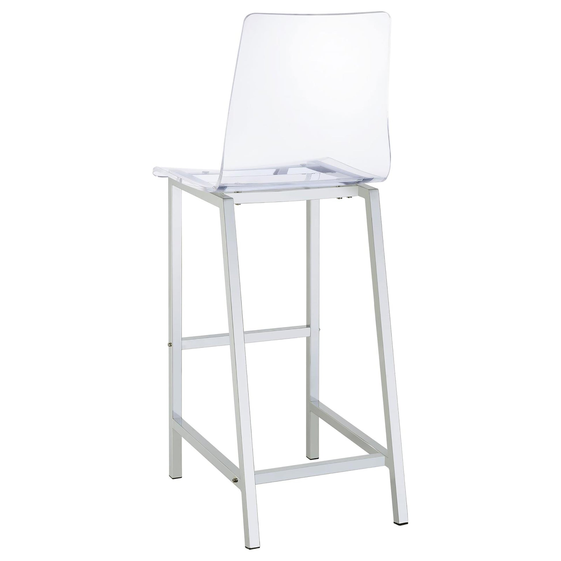 Clear acrylic modern bar stool with silver metal frame and footrest for kitchen island use