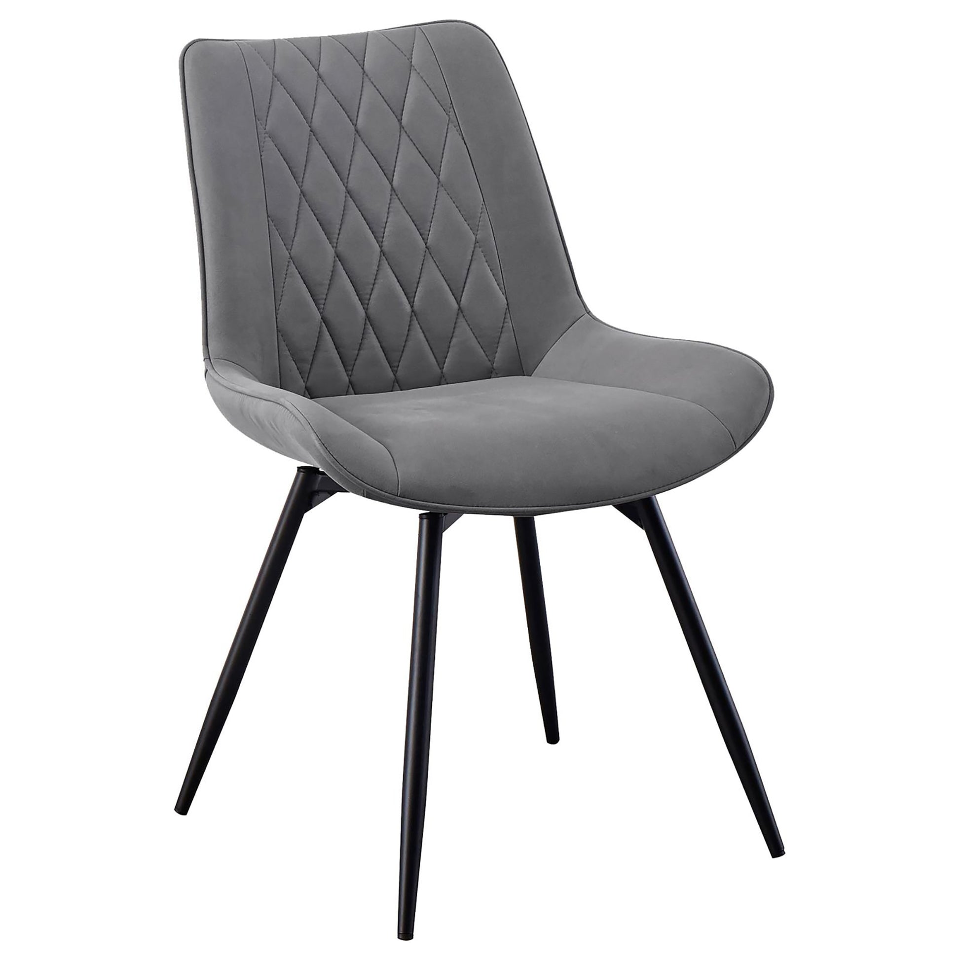 Grey upholstered dining chair with diamond tufting and black metal legs