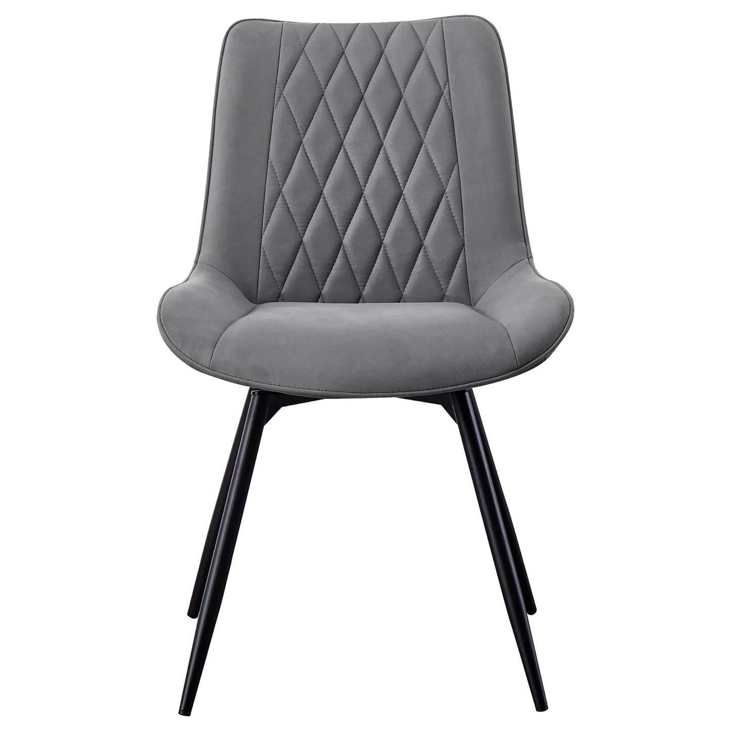 Modern grey velvet dining chair with diamond tufting and black metal legs