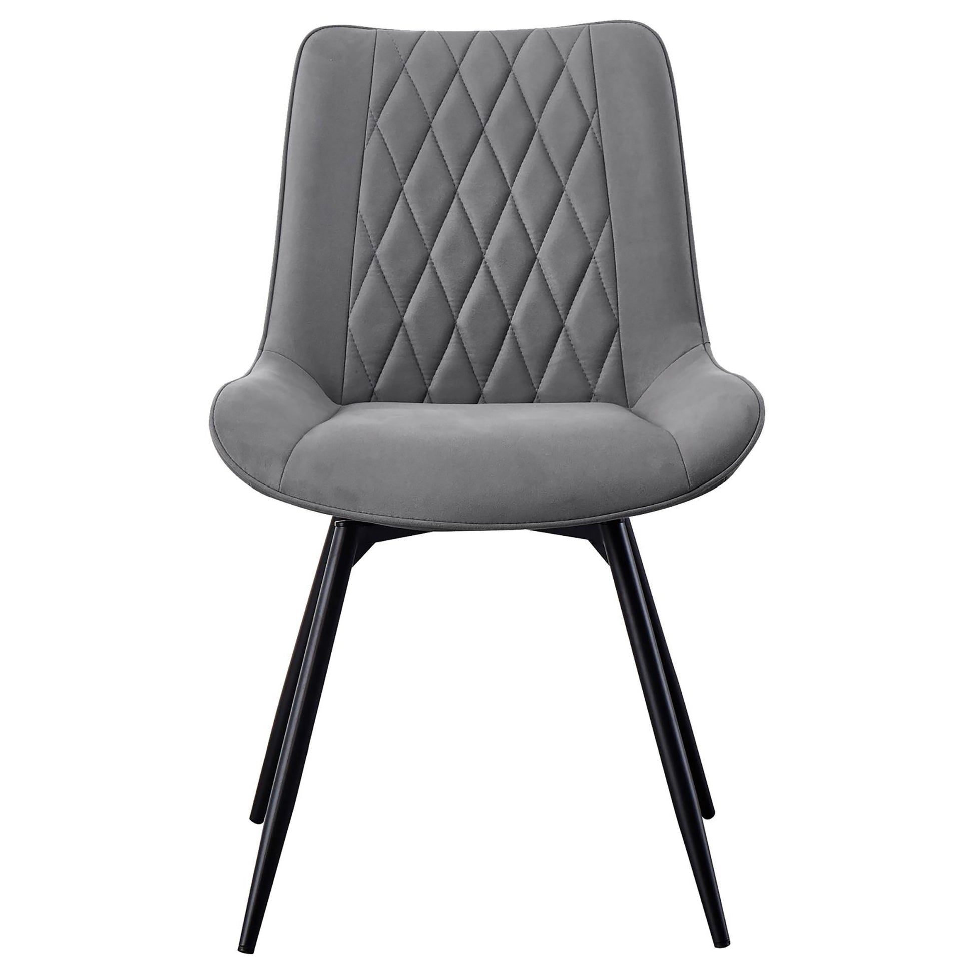 Modern grey velvet dining chair with diamond tufting and black metal legs