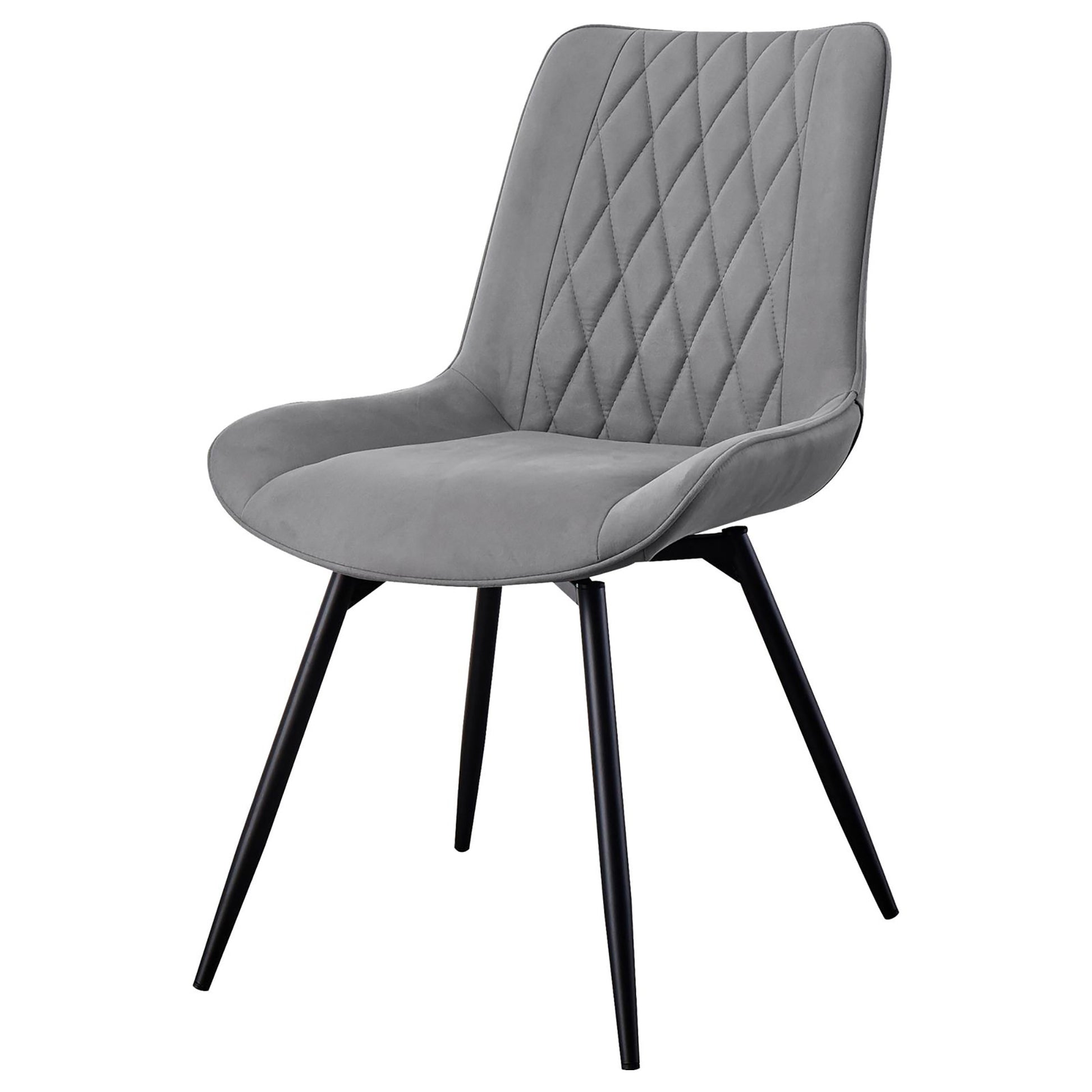 Grey upholstered dining chair with diamond tufting and black metal legs