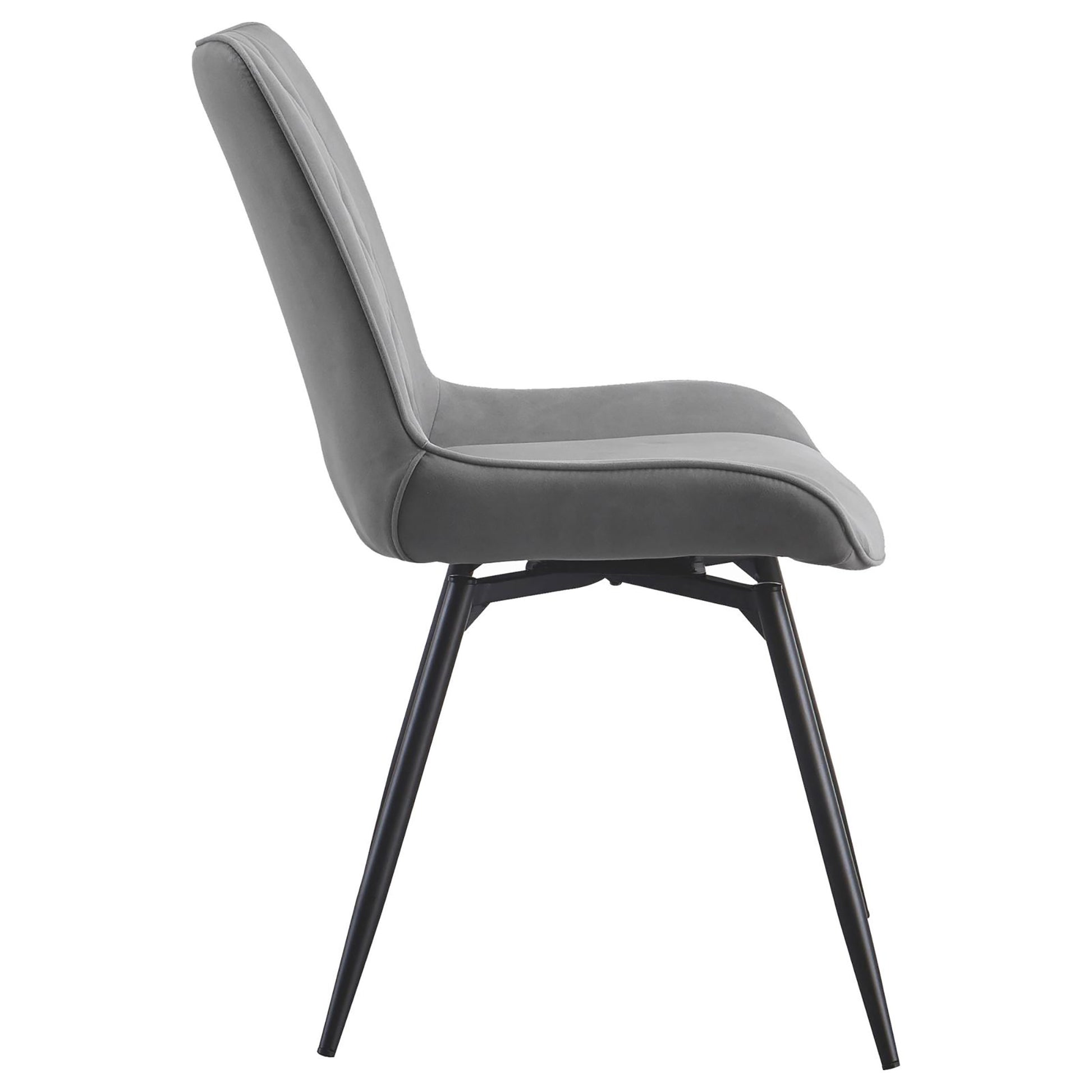 Modern grey velvet dining chair with sculpted seat and sleek black metal legs