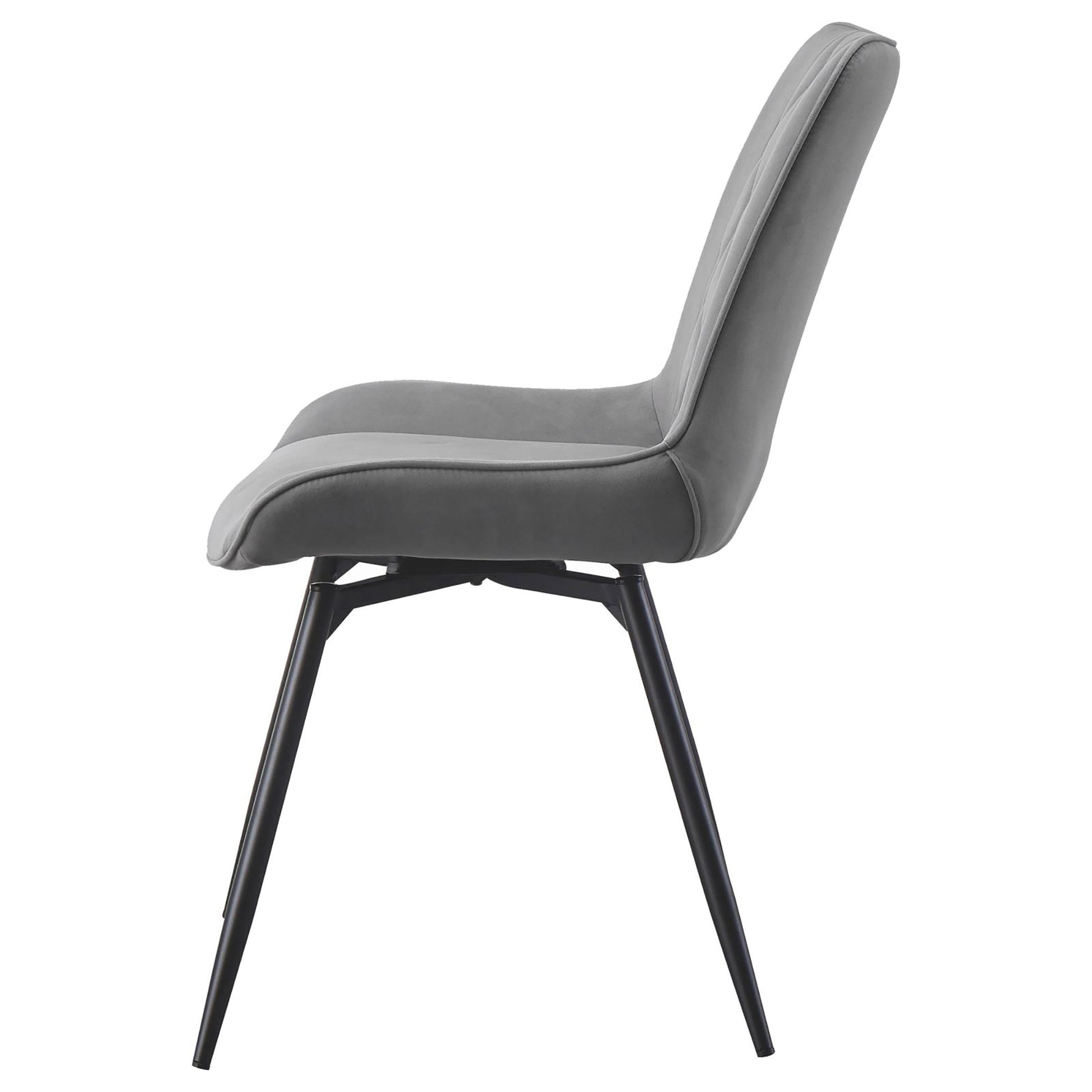 Grey velvet dining chair with tufted back and black metal legs