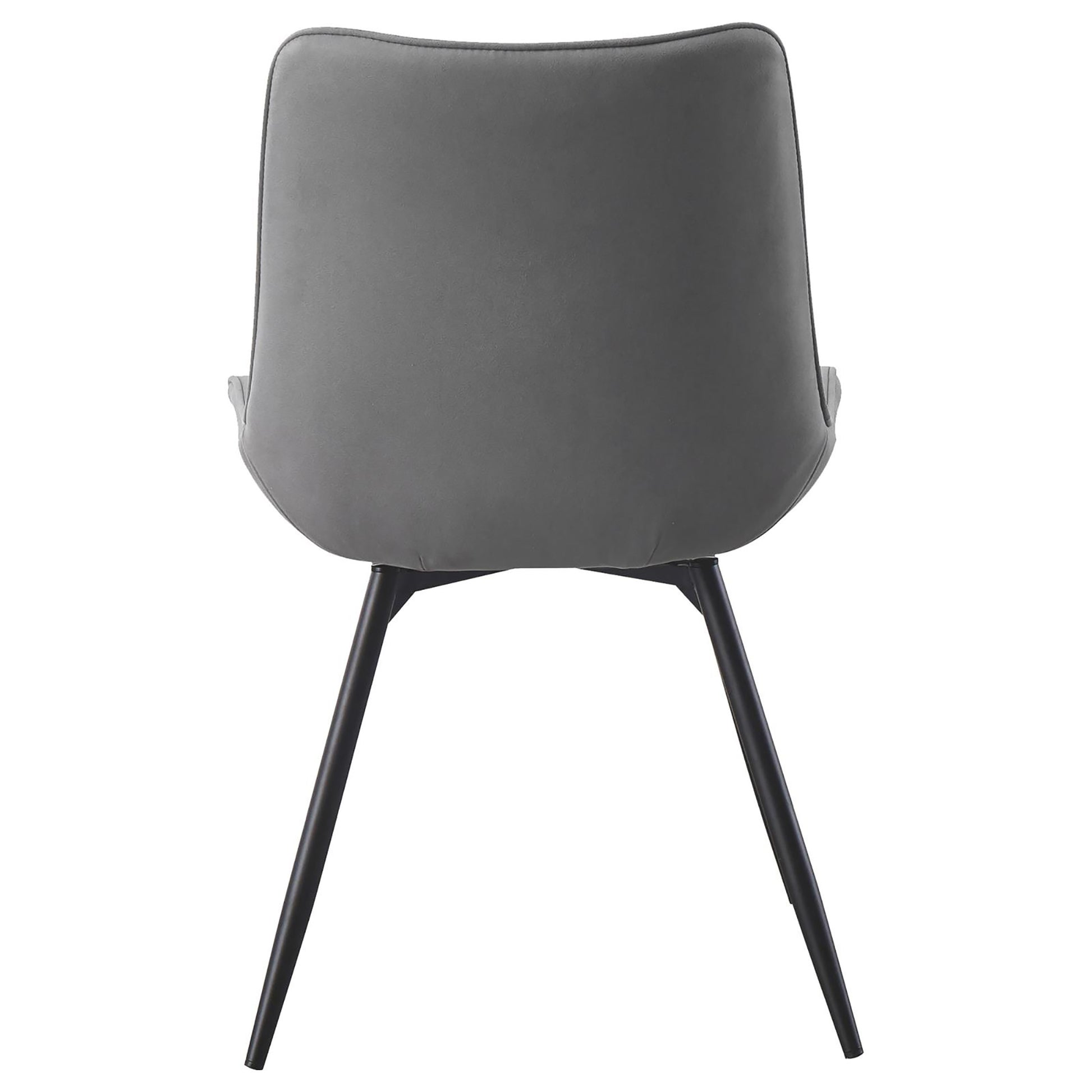 Back view of a grey velvet dining chair with black metal legs
