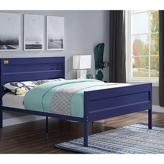 Navy blue metal platform bed frame with modern industrial design queen size