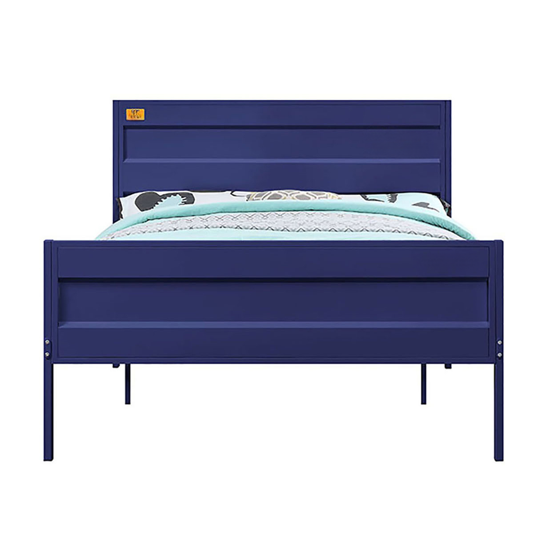 Navy blue metal twin bed frame with horizontal slats and a minimalist design