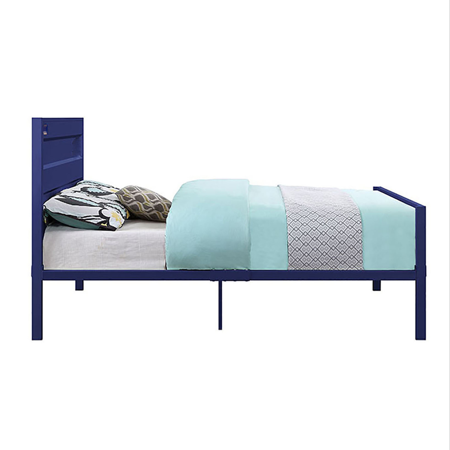 Deep blue metal twin bed frame with geometric patterned bedding and decorative pillows
