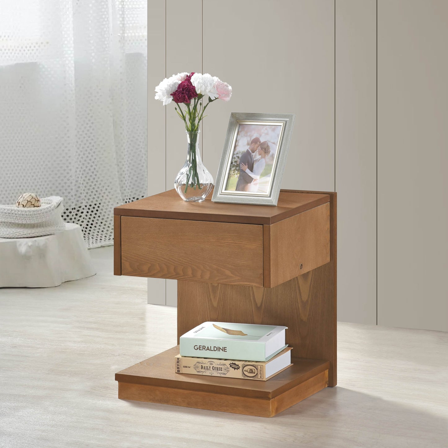 Modern wooden nightstand with one drawer and open shelving