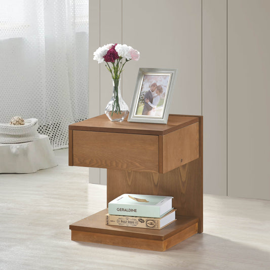Modern wooden nightstand with one drawer and open shelving