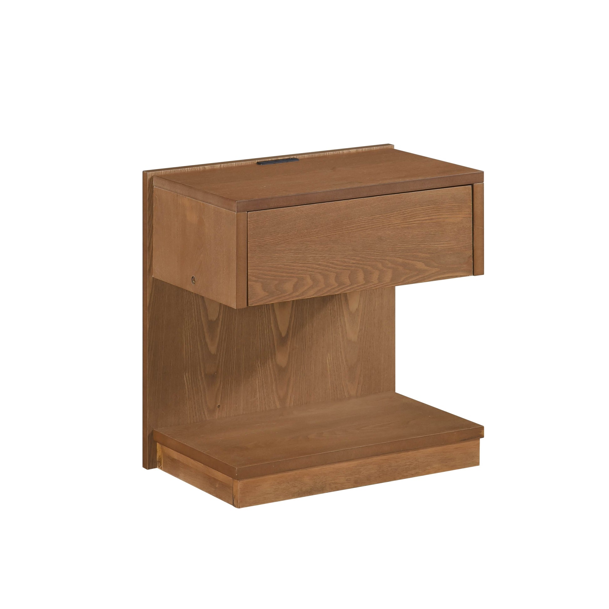 Floating wooden nightstand with one drawer and open shelf in natural wood tone