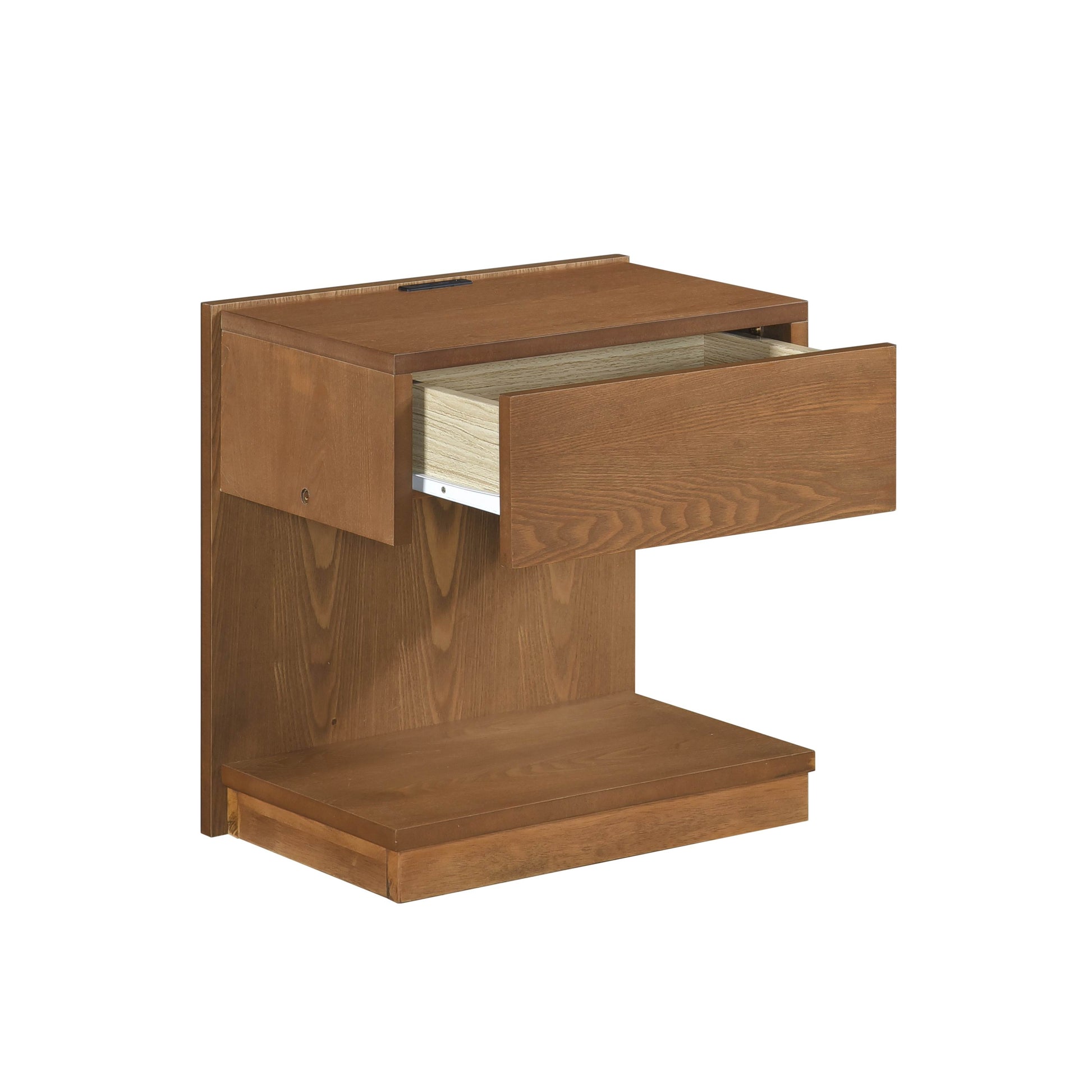 Walnut finish wood nightstand with one open drawer and a shelf